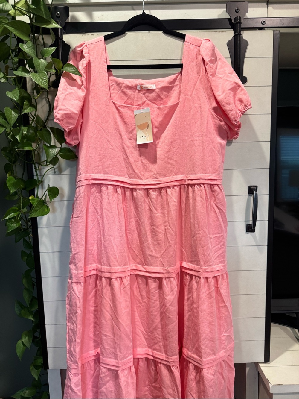 Square Neck Puff Sleeve Tiered Maxi Dress in Coral Pink - Picture 2 of 3